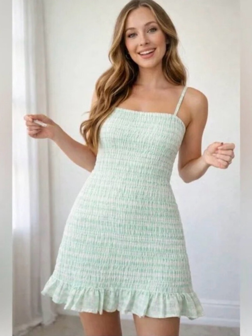 NWT Wild Fable Smocked Bodycon Mini Dress 👗 Mint Green Removable Straps Size L